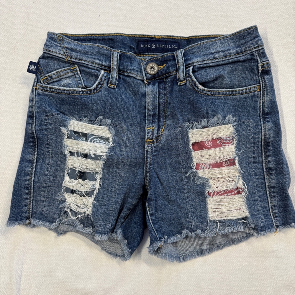 Rock & Republic Blue Distressed Denim Cutoff Shorts with Bandana Inset